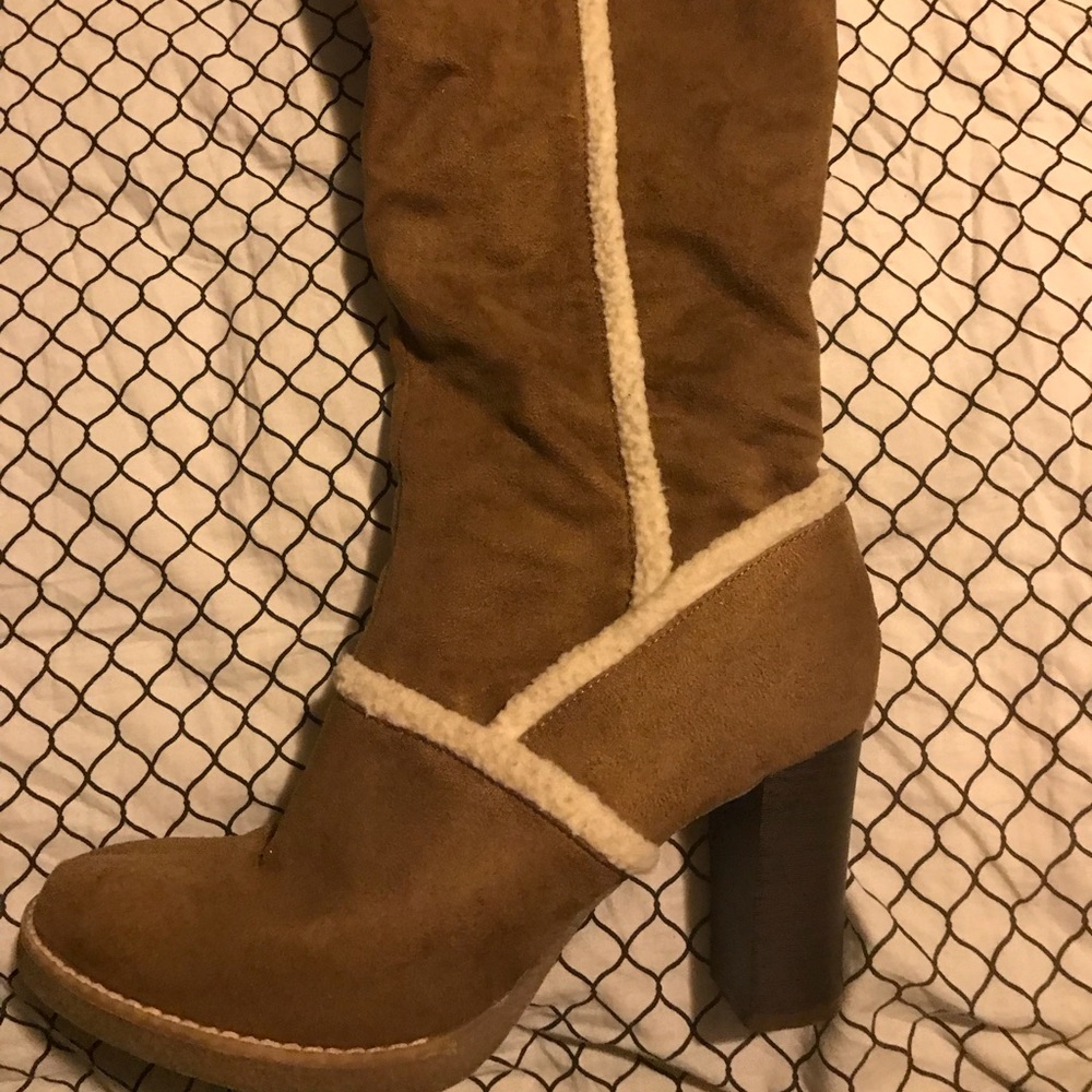 Tan suede boots.